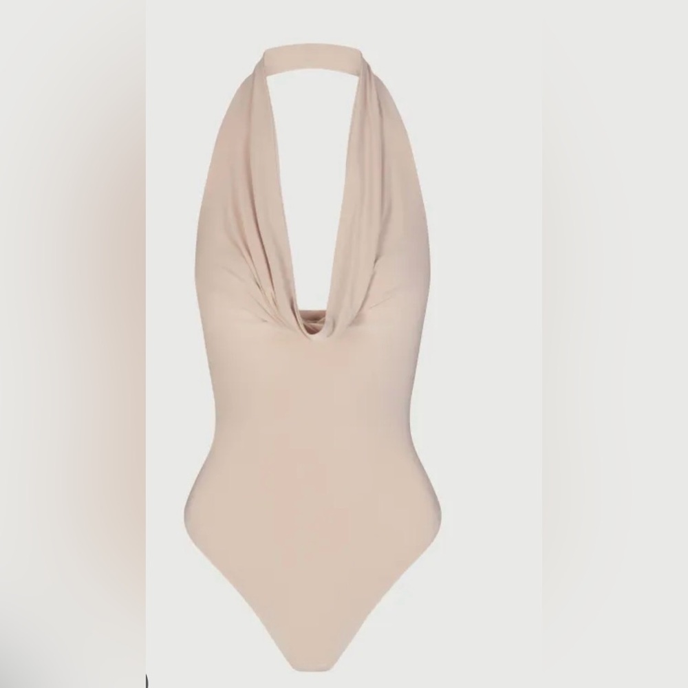 Naked Wardrobe Hourglass Cowl Halter Bodysuit Light Nude